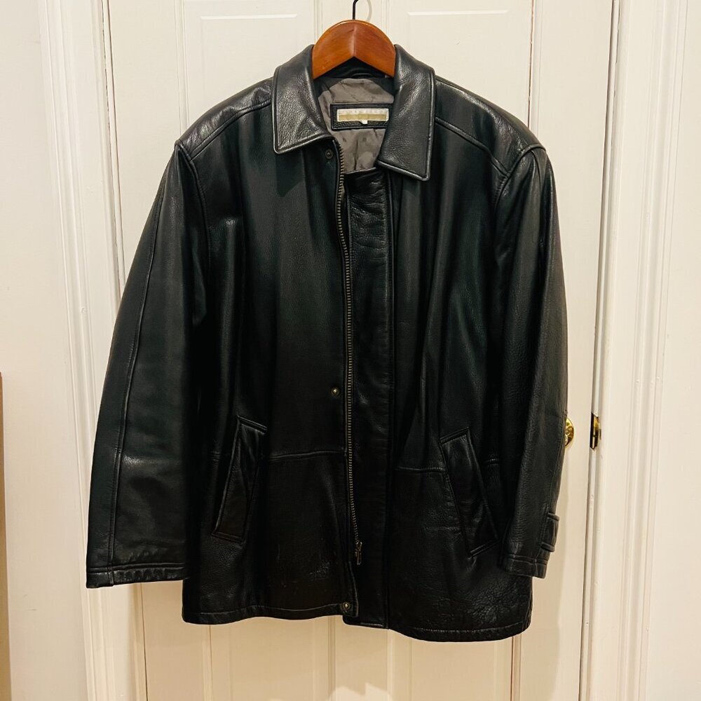 Vintage 90's Perry Ellis Mens Classic Heavyweight Leather Jacket Black Large - Picture 3 of 16
